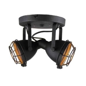 Gekoppelde industriële plafondlamp met verstelbare spotlights in zwart met beschermkappen, perfect voor het creëren van een vintage of moderne sfeer.