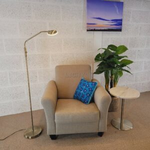 Modern vloerlamp van staal in een gezellige zithoek met beige fauteuil en blauwe sierkussen, aangevuld met een bijzettafel en groene planten, perfect voor sfeervolle verlichting.