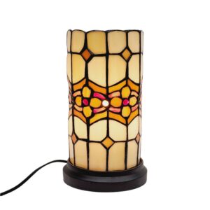 Kleurrijke Tiffany tafellamp met geometrisch patroon, handgemaakt van gekleurd glas voor sfeervolle verlichting.