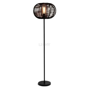 Elegant zwart bamboe vloerlamp met rieten lampenkap, geschikt voor moderne en landelijke interieurstijlen, duurzame materialen, uitstekend voor sfeerverlichting in woonkamer of lounge.