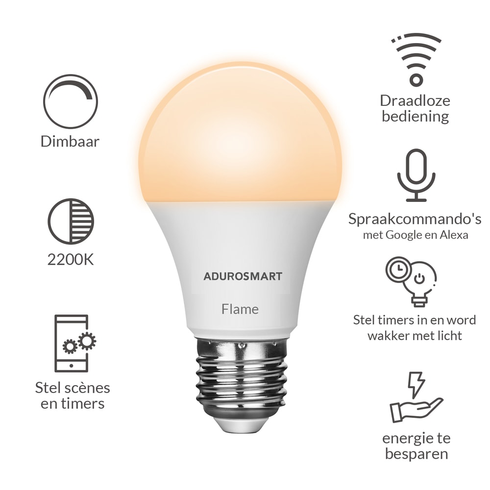 LED-lamp met slimme functies, dimbaar en energiezuinig, met spraakbesturing via Google en Alexa, ideaal voor slimme woning, instelbare scènes en timers voor comfortabel lichtgebruik.