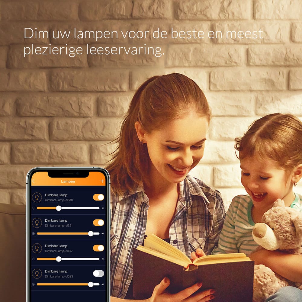 Warmte-wit LED-verlichting voor gezellige sfeer en dimbare LED-lampen via smartphone, ideaal voor woonkamer en kinderkamer.