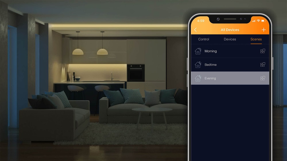 Geleid verlichting gekoppeld aan slimme home app in een modern woonkamer.