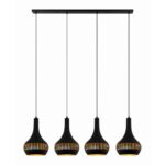 Vier zwarte hanglampen met houten accenten, ideaal voor moderne eet- of woonruimtes, ontworpen door Lichy Lampen.