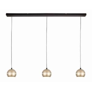 3. Modern hanglamp met drie goudkleurige metalen lampenkappen en een strak zwart ophangsysteem, perfect voor eigentijdse interieurdecoratie.