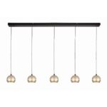 Moderne zwarte hanglamp met vijf gouden metalen hanglampen, ideaal voor een eigentijdse eetkamer of keukenverlichting.