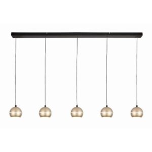 Moderne zwarte hanglamp met vijf gouden metalen hanglampen, ideaal voor een eigentijdse eetkamer of keukenverlichting.