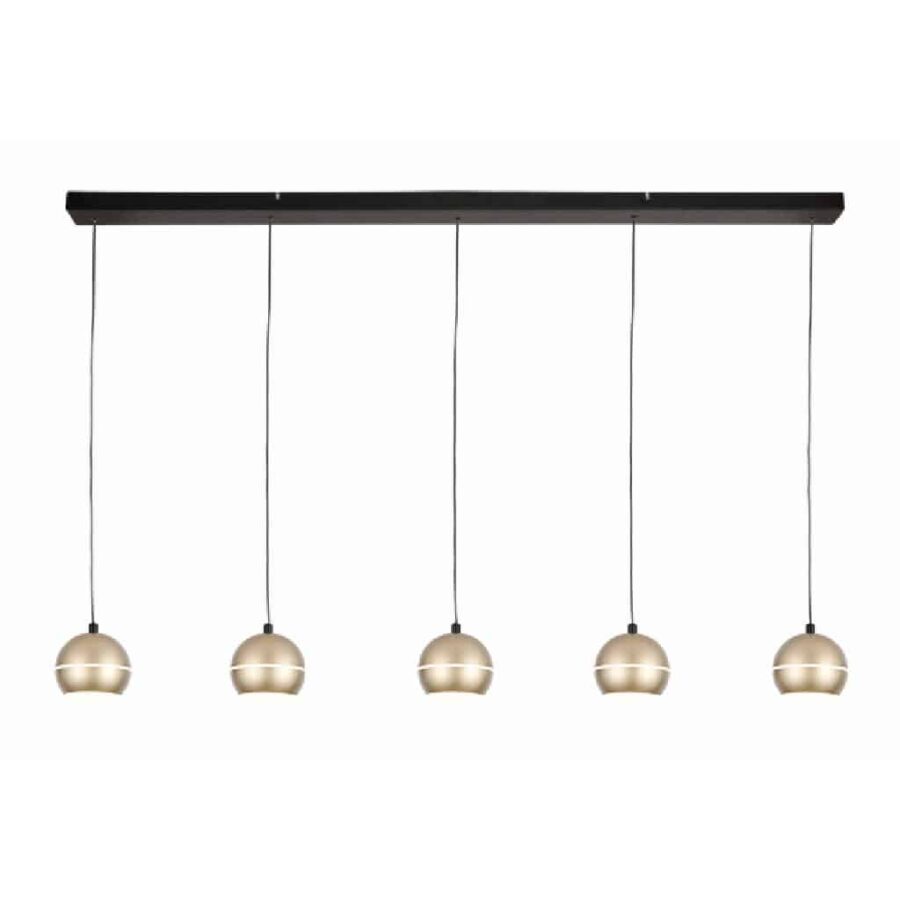 Moderne zwarte hanglamp met vijf gouden metalen hanglampen, ideaal voor een eigentijdse eetkamer of keukenverlichting.