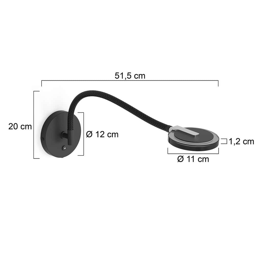 Korte zwarte wandlamp met flexibele LED lezenarm en verstelbare kop, modern design, geschikt voor slaapkamer of woonkamer, ideaal voor gericht licht en stijlvolle woondecoratie.