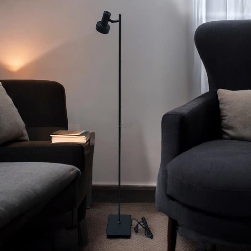 Designer vloerlamp met verstelbare kop, modern zwart frame, geschikt voor woonkamer of leeshoek, energiezuinig LED-licht.